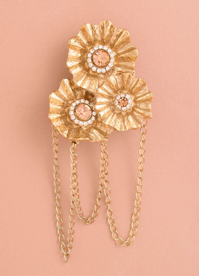 Golden Stone Studded Floral Trio Chain Brooch image number 0